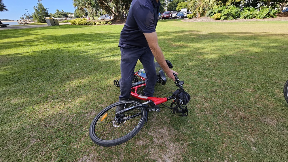 On the left, a grassy area with a few scattered trees and bushes. In the middle, a person wearing a dark blue shirt and trousers is standing, holding the handlebars of a red electric bike lying on its side. On the right, more grass and some trees are visible. The background includes a grassy park area with trees, bushes, and some parked cars.