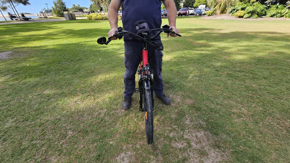 On the left, a grassy area with a few scattered trees and a distant pathway. In the middle, a person wearing a dark blue shirt and trousers is holding the handlebars of a red and black electric bike, standing on grass. On the right, more grass, trees, and a few parked cars are visible. The background includes a grassy park area with trees and bushes.