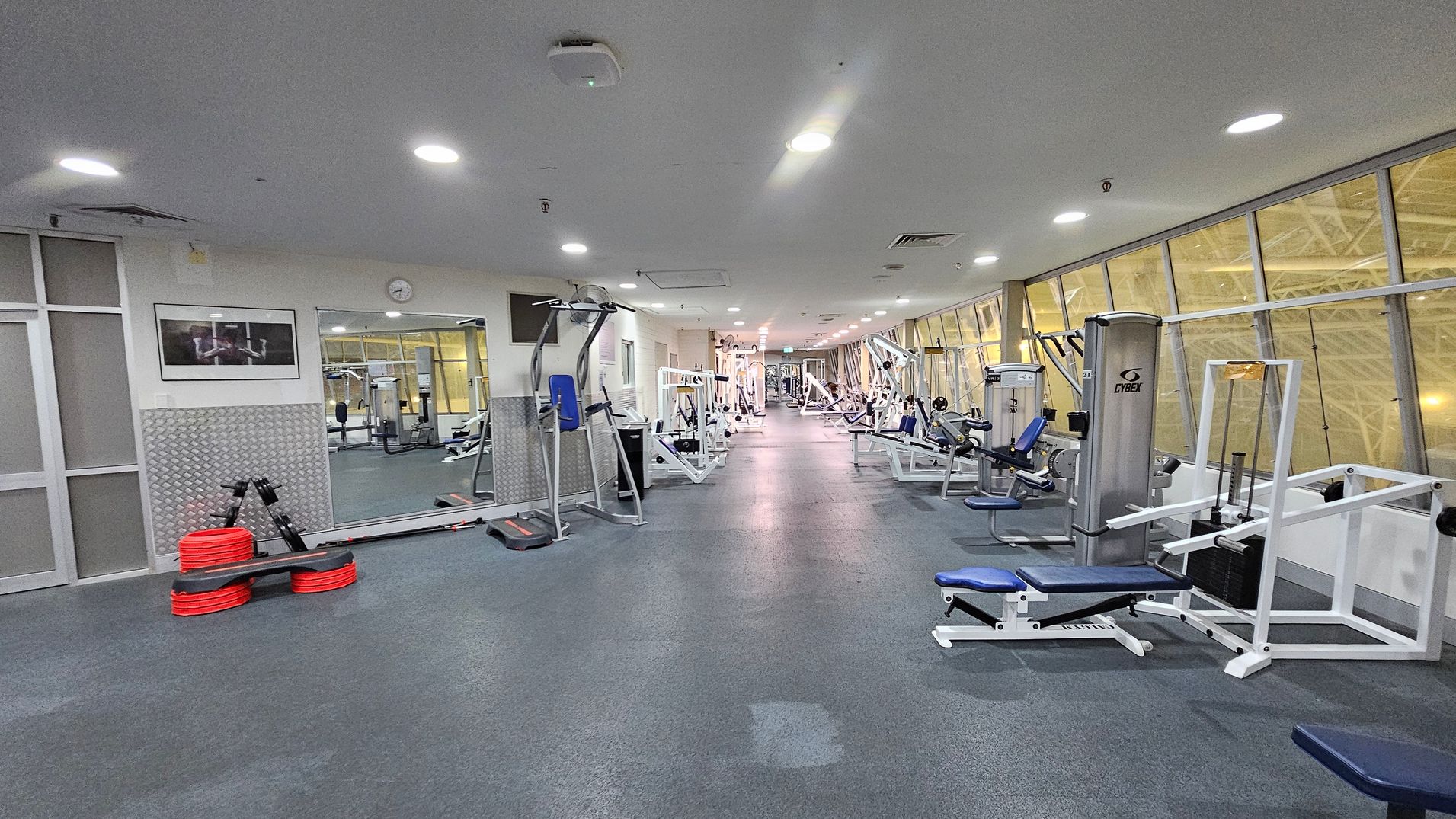 A spacious gym with various exercise machines lined up along the walls. On the left, there are red exercise steps stacked near a wall with a framed picture above. The right side features a row of weight machines with blue seats. The floor is carpeted in a mix of grey and blue, and the ceiling is white with recessed lighting. Large windows on the right allow natural light to enter, illuminating the equipment and creating a bright atmosphere.