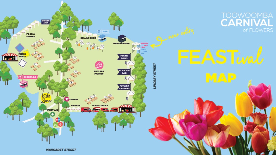 A colourful map of the Toowoomba Carnival of Flowers FEASTival. On the left, there are areas marked for picnic space, food and drinks, and a kids zone. The centre features Butler's Pantry and seating areas. On the right, there are sections for Cellar Door, Mixing Bowl, Flavour Lab, and Flower Crowns. Food trucks and sweets are located at the bottom. Trees are scattered throughout, and the map is bordered by Margaret Street and Lindsay Street. Bright tulips are in the foreground.