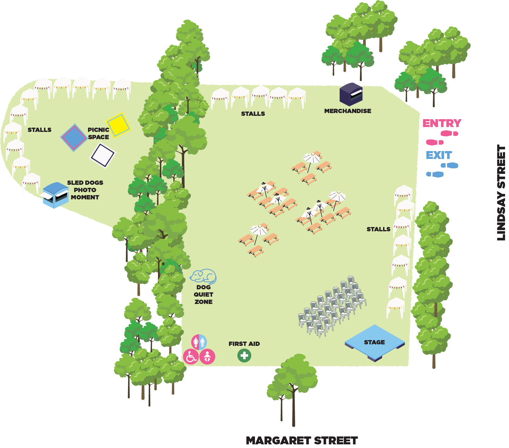 Illustrated Paw Parade event map showing the parade entry, activity areas, seating, stalls, pathways and facilities surrounded by trees.
