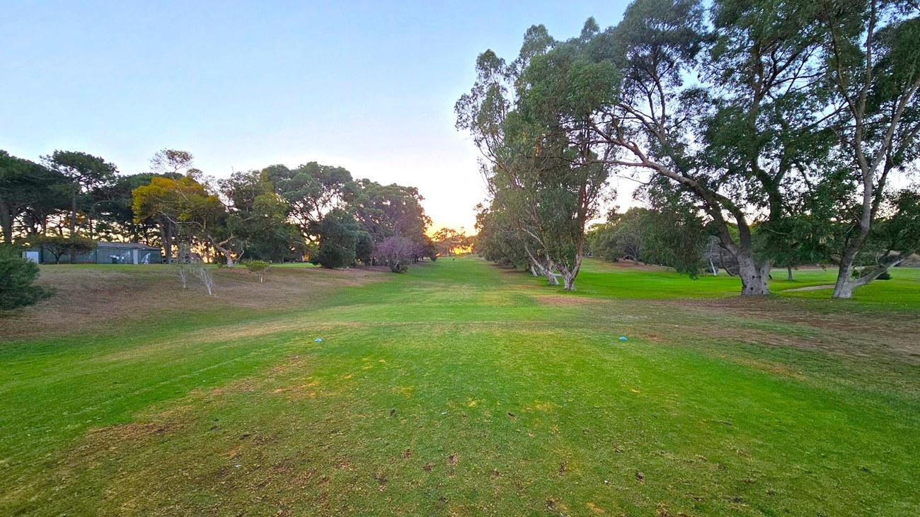 A grassy golf course fairway stretches into the distance, flanked by tall trees on both sides. The left side features a small building partially obscured by trees. The right side has a cluster of large trees with thick trunks. The grass is a mix of green and brown patches, indicating wear. In the background, the sky is transitioning from day to evening, with a hint of orange near the horizon.