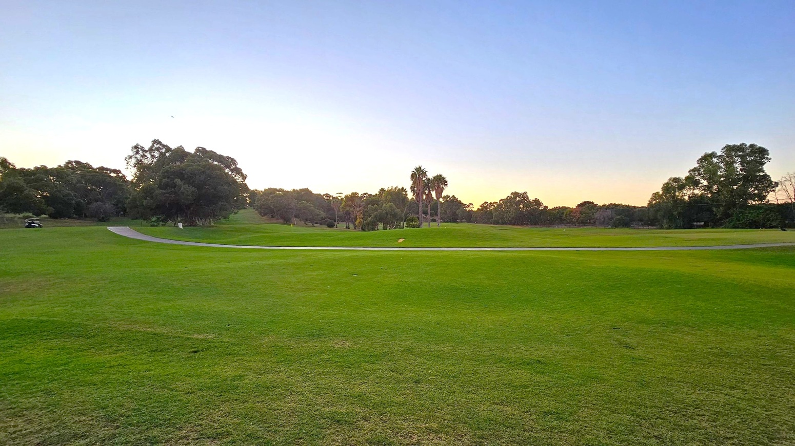 A grassy landscape with a gently sloping hill in the middle. A paved path curves through the scene from the left, where a small vehicle is visible. In the background, there are clusters of trees, including a few tall palm trees. The sky has a gradient from light to darker blue, indicating a time near sunset or sunrise. The grass is a mix of green shades, with some patches appearing slightly worn.