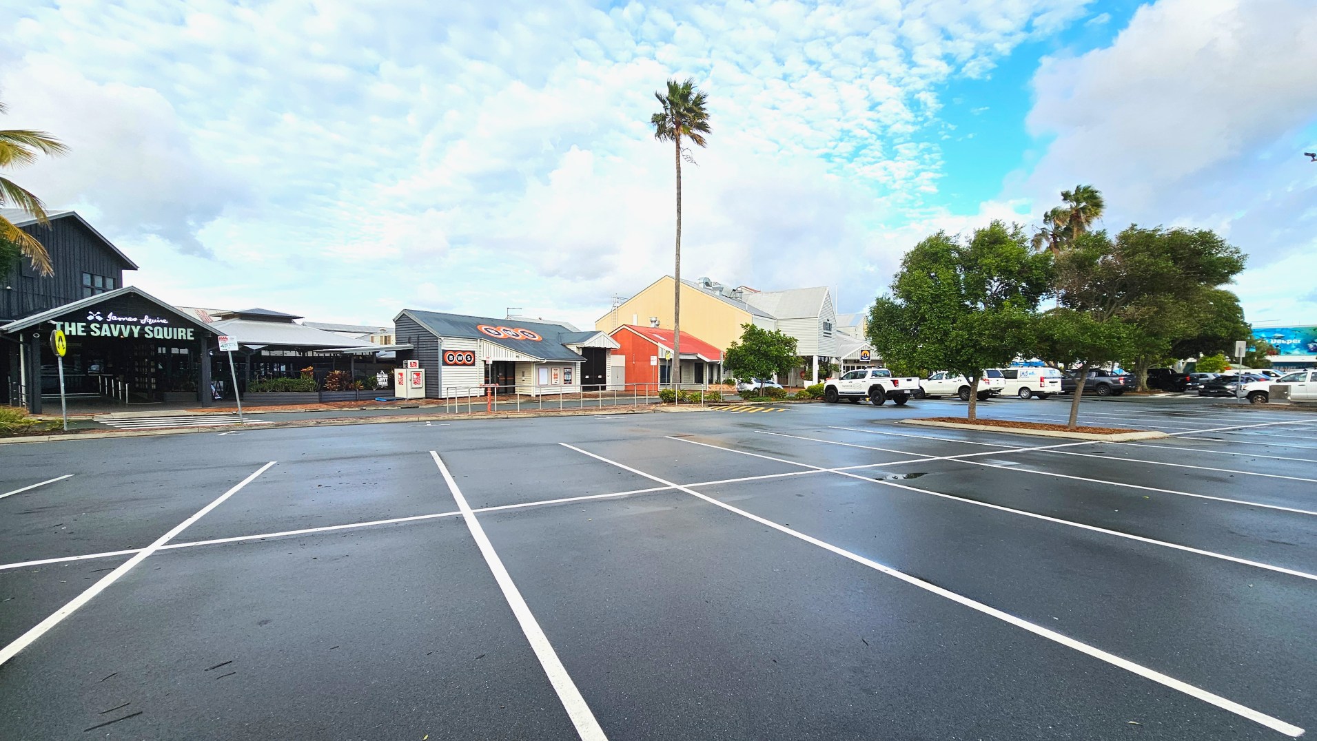 A spacious car park with marked parking bays on a wet asphalt surface. To the left, a building with a sign reading 'The Savvy Squire' features a dark exterior and a covered entrance. Adjacent is a smaller building with a red and grey facade. A tall palm tree stands prominently in the centre. Several parked vehicles are visible near a row of trees on the right, providing a sense of openness.
