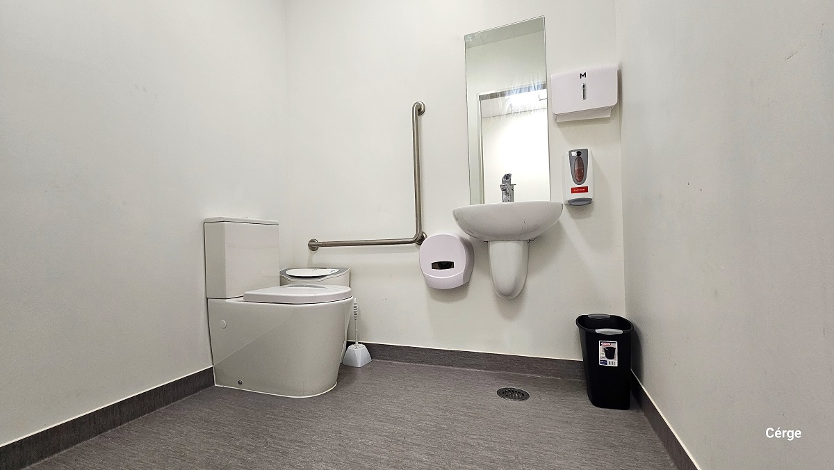 Inside the accessible bathroom in Gallagher Recreation Centre. The bathroom has a grey floor and a white wall with dark brown painted bottom. On the left side of the toilet is a white/grey air purifier, a white toilet brush, and grab bars are fixed to the white wall. There is also a low-set hand basin, a mirror, a liquid hand soap dispenser, and a toilet paper roll dispenser. A small black garbage bin is placed against the wall opposite the toilet. Inside the accessible bathroom in Gallagher Recreation Centre. The bathroom has a grey floor and a white wall with dark brown painted bottom. On the left side of the toilet is a white/grey air purifier, a white toilet brush, and grab bars are fixed to the white wall. There is also a low-set hand basin, a mirror, a liquid hand soap dispenser, and a toilet paper roll dispenser. A small black garbage bin is placed against the wall opposite the toilet.