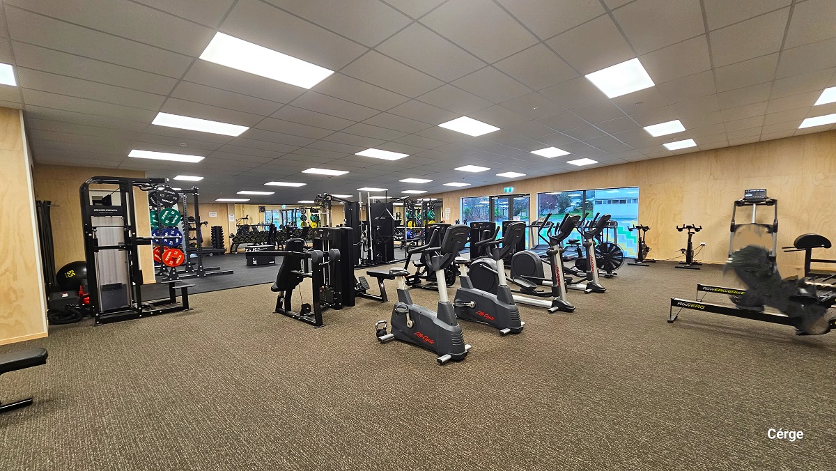 The floor surface of the gymnasium at Gallagher Recreation Centre changes from brown carpet tiles to black gym mats towards the back. To the left corner is a black functional trainer with a pull-up bar and cables, while in the middle are black upright bikes. Near the exit glass door to the right are treadmills, while on the black gym mats is the space for dumbbell exercises. The floor surface of the gymnasium at Gallagher Recreation Centre changes from brown carpet tiles to black gym mats towards the back. To the left corner is a black functional trainer with a pull-up bar and cables, while in the middle are black upright bikes. Near the exit glass door to the right are treadmills, while on the black gym mats is the space for dumbbell exercises.