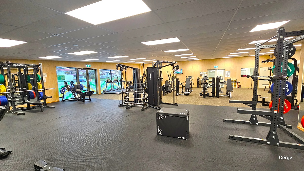 Functional trainers with yellow, blue, and green plates on the side rack for lifting. Illumination is provided by the large cubic blocks of artificial lighting in the white ceiling. The residential houses can be seen through the upper part of the glass exit doors. The gymnasium has brown wooden walls. Near the white-framed glass entrance doors is a small TV mounted on the wall. A digital clock can be seen on the glass window next to an off-white painted door. Functional trainers with yellow, blue, and green plates on the side rack for lifting. Illumination is provided by the large cubic blocks of artificial lighting in the white ceiling. The residential houses can be seen through the upper part of the glass exit doors. The gymnasium has brown wooden walls. Near the white-framed glass entrance doors is a small TV mounted on the wall. A digital clock can be seen on the glass window next to an off-white painted door.