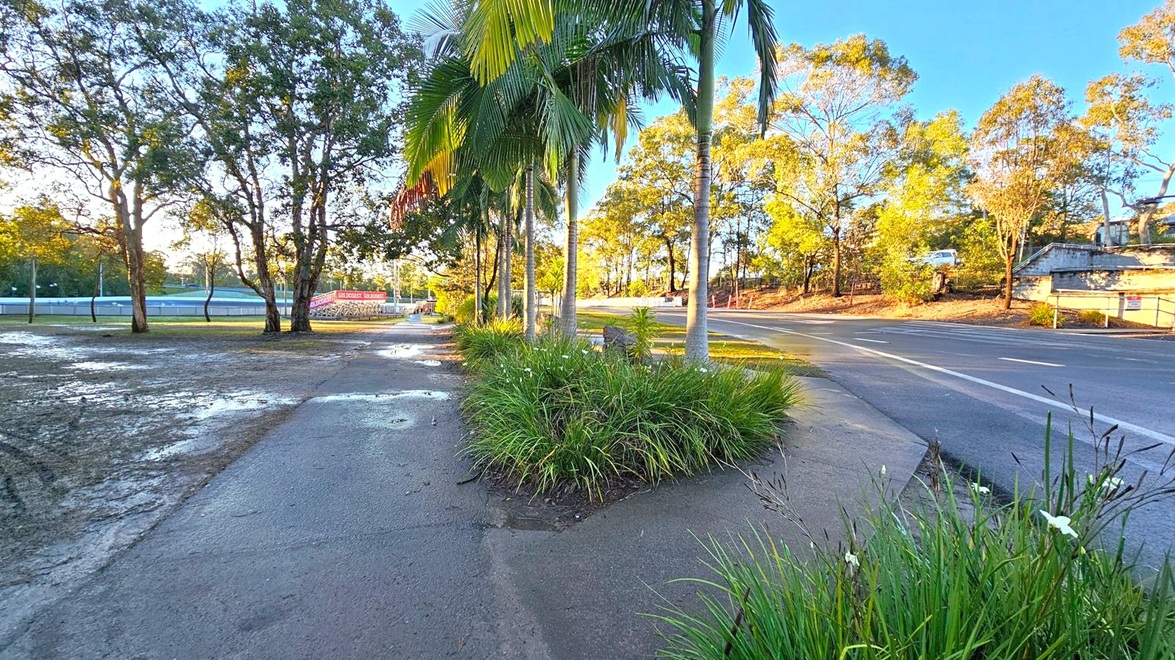 A paved path runs through the centre, bordered by lush green plants and tall palm trees. On the left, there are large trees and a grassy area with puddles, leading to a fenced sports field with a sign. On the right, a road curves gently, lined with more trees and a parked vehicle. The scene is bathed in warm sunlight, casting long shadows.
