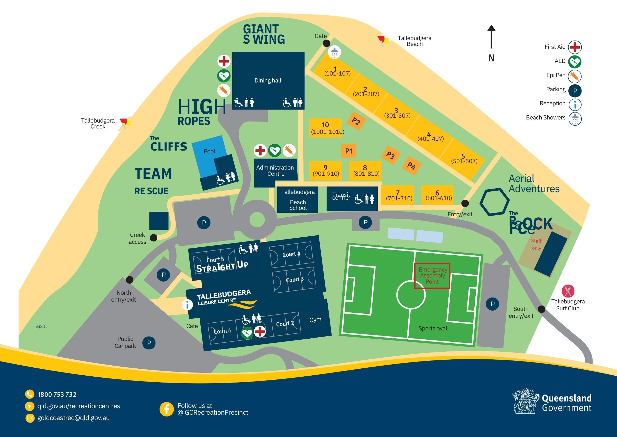 On the left, Tallebudgera Creek is highlighted near the cliffs, with a pool and parking areas nearby. In the centre, the Tallebudgera Leisure Centre includes several courts, a gym, and a café, adjacent to a large sports oval marked with an emergency assembly point. On the right, orange accommodation blocks are arranged around parking areas, with the dining hall and administrative centre nearby. The background features labelled areas such as Giant Swing and Aerial Adventures. On the left, Tallebudgera Creek is highlighted near the cliffs, with a pool and parking areas nearby. In the centre, the Tallebudgera Leisure Centre includes several courts, a gym, and a café, adjacent to a large sports oval marked with an emergency assembly point. On the right, orange accommodation blocks are arranged around parking areas, with the dining hall and administrative centre nearby. The background features labelled areas such as Giant Swing and Aerial Adventures.