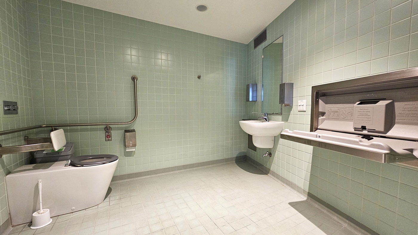 Inside the accessible bathroom, in the left corner, a toilet is equipped with handrails. A rubbish bin, a toilet paper dispenser, and a toilet brush are positioned nearby. To the right, a foldable change table and wash basin are mounted on the wall. A mirror, liquid soap, and a tissue dispenser are also affixed. The wall has light green tiles, and the floor and ceiling are white.