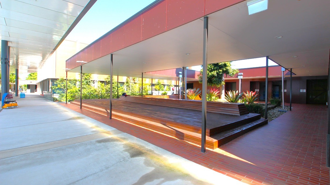 Located outside the bathrooms is a large, open air verandah with a central garden and features dark, wooden surfaces, a thatched roof and spaces to take a seat. Located outside the bathrooms is a large, open air verandah with a central garden and features dark, wooden surfaces, a thatched roof and spaces to take a seat.