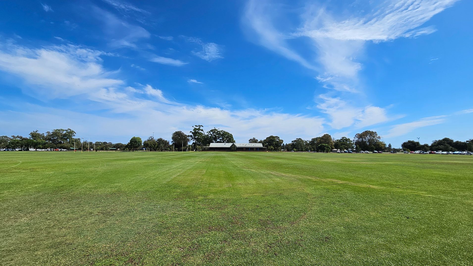 A vast, well-maintained grassy field stretches across the foreground. In the background, a row of trees lines the horizon, with a building featuring a light-coloured roof nestled among them. To the right, a line of parked cars is visible behind the trees. The sky above is clear with some wispy clouds. A vast, well-maintained grassy field stretches across the foreground. In the background, a row of trees lines the horizon, with a building featuring a light-coloured roof nestled among them. To the right, a line of parked cars is visible behind the trees. The sky above is clear with some wispy clouds.