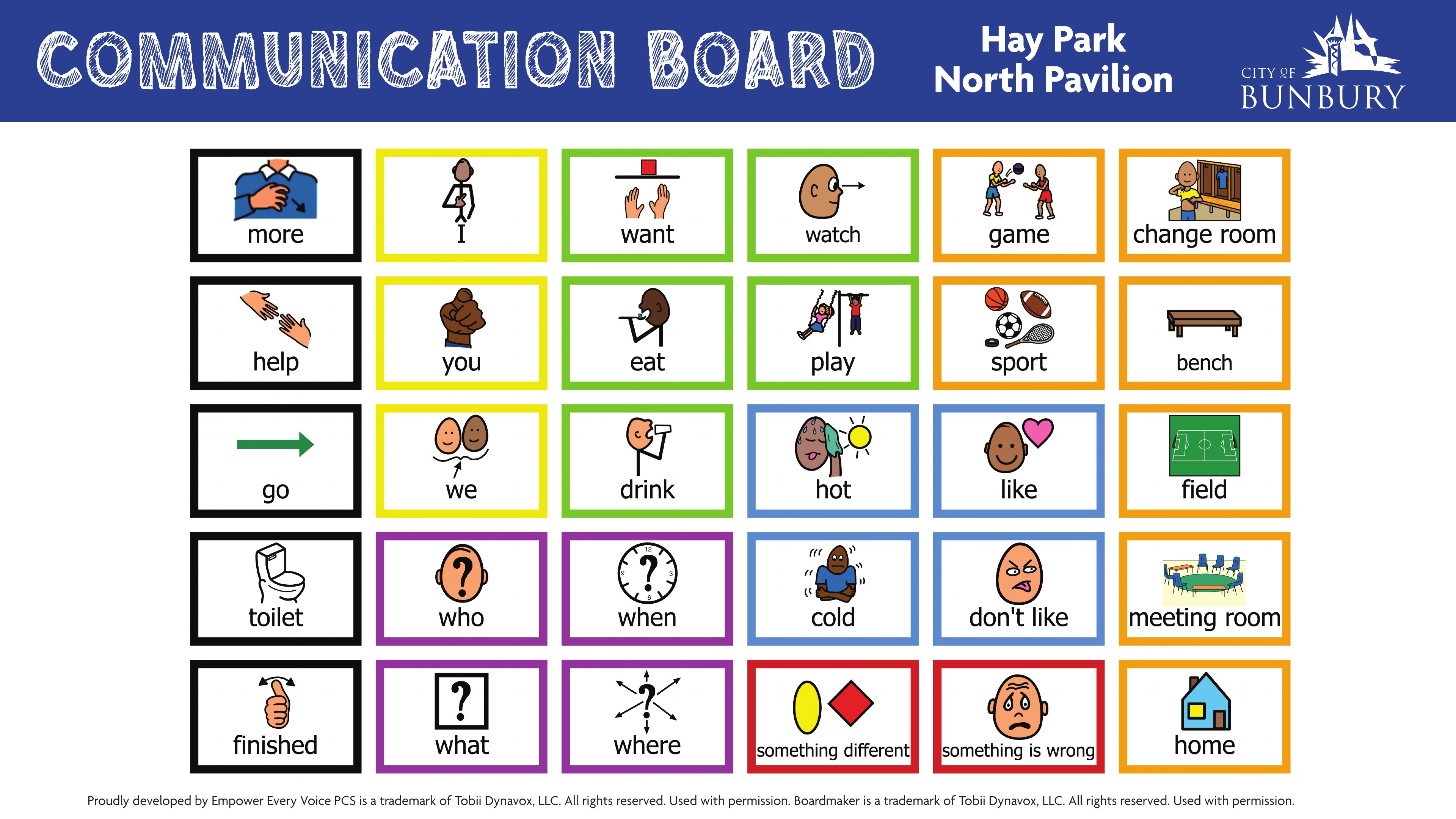 Hay Park North Pavilion Communication Board for non-verbal visitors to support participation.