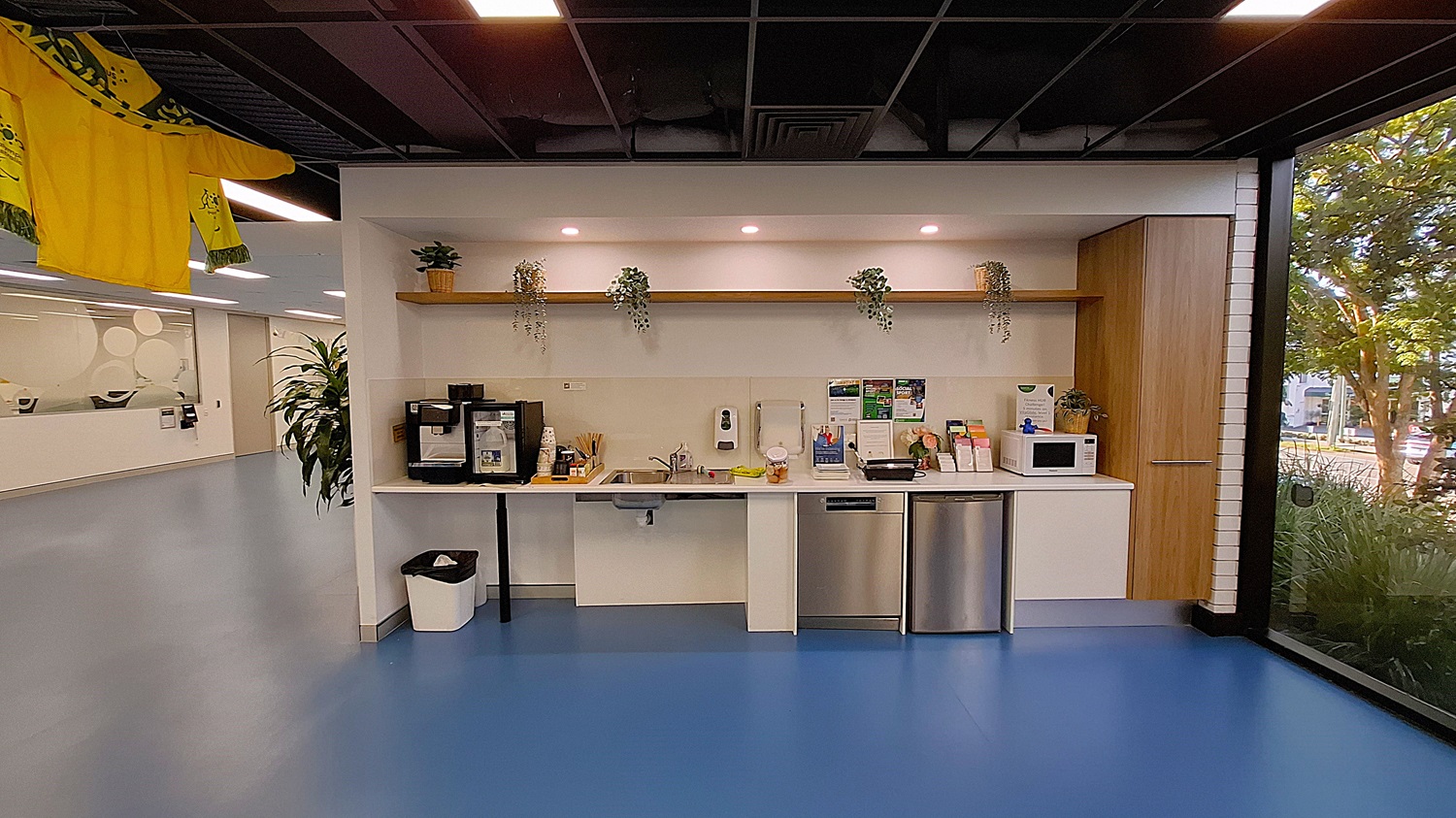 On the left, a hallway with blue flooring, a large potted plant, and a wall with frosted circular designs. In the middle, a kitchenette with a coffee machine, sink, microwave, and informational brochures on the counter. Above the counter, a wooden shelf with potted plants. On the right, a large window with a view of greenery outside. The floor is blue, and the ceiling is black with exposed structures and recessed lighting. On the left, a hallway with blue flooring, a large potted plant, and a wall with frosted circular designs. In the middle, a kitchenette with a coffee machine, sink, microwave, and informational brochures on the counter. Above the counter, a wooden shelf with potted plants. On the right, a large window with a view of greenery outside. The floor is blue, and the ceiling is black with exposed structures and recessed lighting.