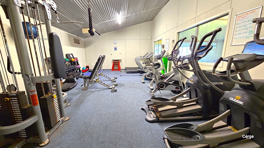 Fitness room in Huntly Aquatic Centre. There are treadmills on the right, while some cardiovascular equipment is placed on the left side of the room. The walls are painted beige with a similar corrugated ceiling structure and design. The floor is covered with a light blue mat, and the walls on the right have two glass windows. On the wall to the back is a white clock. Fitness room in Huntly Aquatic Centre. There are treadmills on the right, while some cardiovascular equipment is placed on the left side of the room. The walls are painted beige with a similar corrugated ceiling structure and design. The floor is covered with a light blue mat, and the walls on the right have two glass windows. On the wall to the back is a white clock.