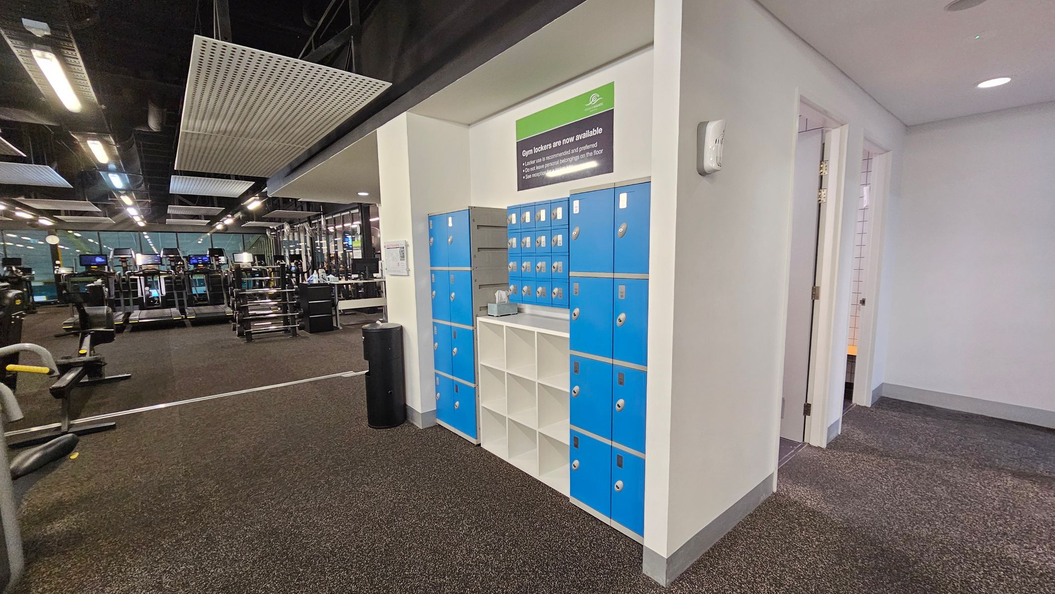 On the left, there is a gym area with various exercise machines, including treadmills and weightlifting equipment. The floor is covered with dark carpeting. In the middle, there is a section with blue lockers and open white cubbies. A sign above the lockers indicates their availability. On the right, there is a corridor with open doors leading to other rooms. The ceiling has a modern design with rectangular light fixtures and panels. On the left, there is a gym area with various exercise machines, including treadmills and weightlifting equipment. The floor is covered with dark carpeting. In the middle, there is a section with blue lockers and open white cubbies. A sign above the lockers indicates their availability. On the right, there is a corridor with open doors leading to other rooms. The ceiling has a modern design with rectangular light fixtures and panels.
