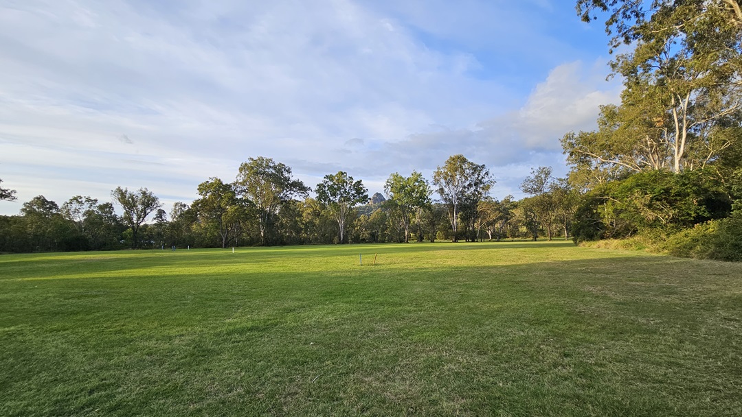 A wide, open grassy field stretches across the foreground, with a mix of lush and slightly dry patches. In the background, a line of tall trees with dense foliage forms a natural border. The trees are a mix of green and some with lighter, almost white trunks. The sky above is mostly clear with a few scattered clouds, casting soft shadows on the ground. A wide, open grassy field stretches across the foreground, with a mix of lush and slightly dry patches. In the background, a line of tall trees with dense foliage forms a natural border. The trees are a mix of green and some with lighter, almost white trunks. The sky above is mostly clear with a few scattered clouds, casting soft shadows on the ground.
