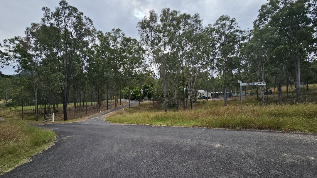 A paved road curves through a wooded area with tall, slender trees on both sides. To the right, a signpost is visible near a parked vehicle. The ground is covered with grass and low vegetation. The road surface is dark and slightly worn. A paved road curves through a wooded area with tall, slender trees on both sides. To the right, a signpost is visible near a parked vehicle. The ground is covered with grass and low vegetation. The road surface is dark and slightly worn.