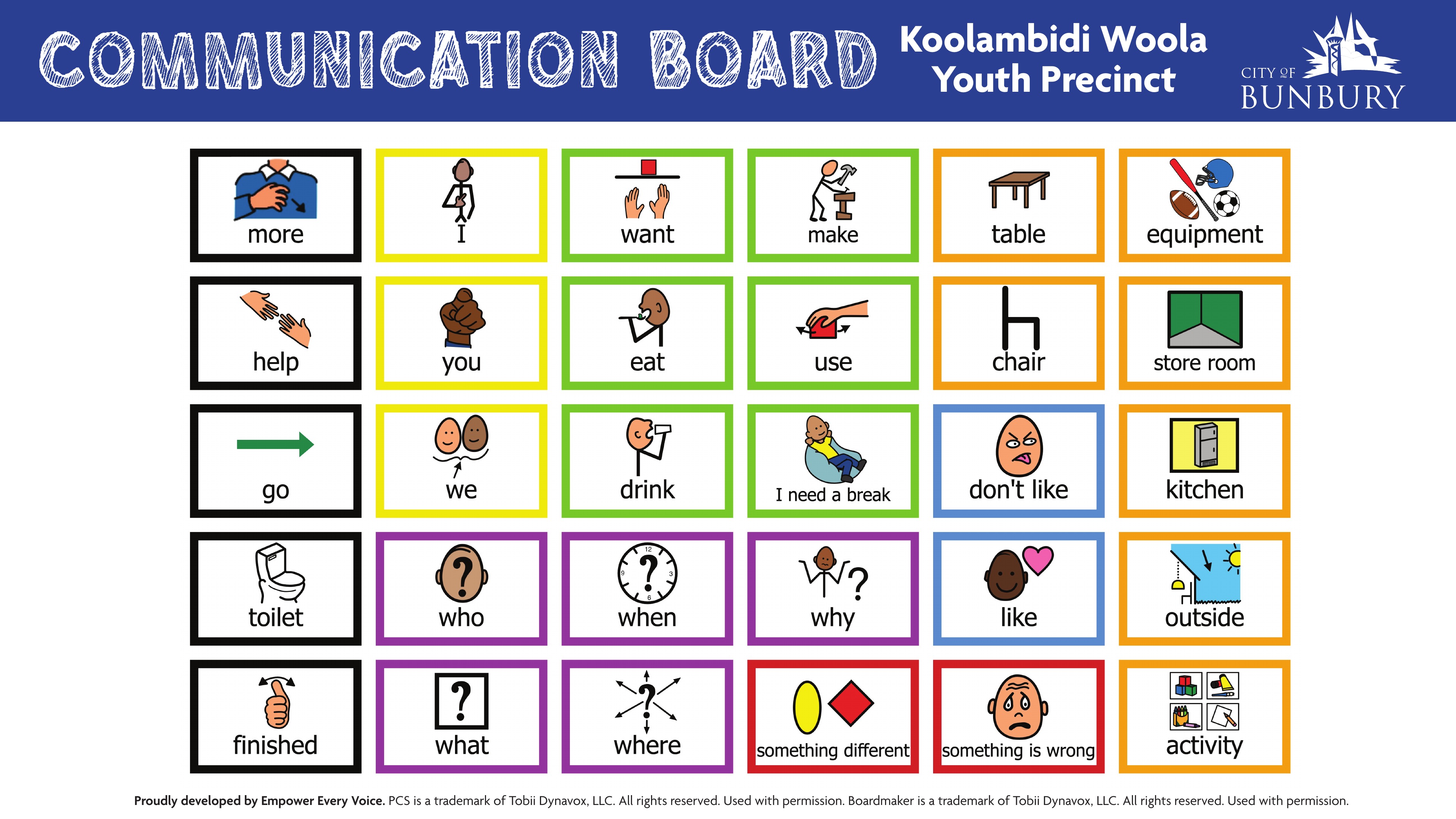 Communication Board for Koolambidi Woola Youth Precinct supporting non-verbal visitors.
