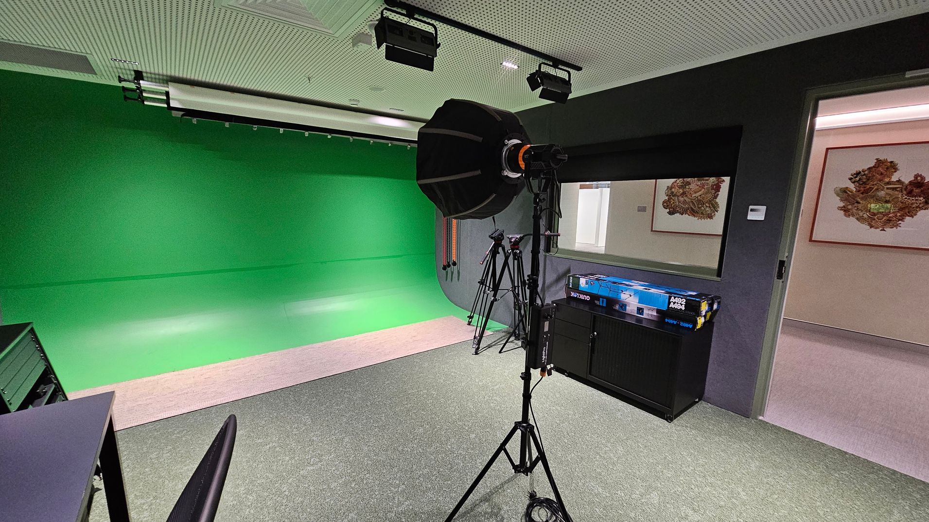 A room with a green screen backdrop on the left, extending from the floor to the ceiling. In the centre, a large studio light on a tripod is positioned, facing the green screen. To the right, there is a black cabinet with a box on top and a doorway leading to another room with framed artwork on the walls. The floor is carpeted, and the ceiling has a perforated design with mounted lights.
