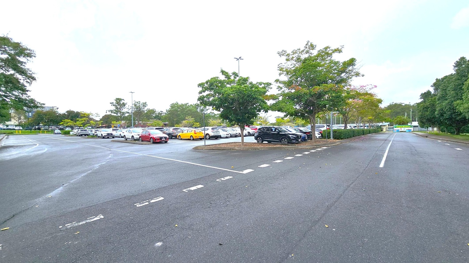 A large car park with numerous vehicles, including a red car and a yellow car, is visible in the centre. Trees are scattered throughout, providing some greenery. The road in the foreground has dashed white lines, leading towards the car park. On the right, a road extends into the distance, bordered by more trees. The background features more trees and a few buildings partially visible. The sky is overcast. A large car park with numerous vehicles, including a red car and a yellow car, is visible in the centre. Trees are scattered throughout, providing some greenery. The road in the foreground has dashed white lines, leading towards the car park. On the right, a road extends into the distance, bordered by more trees. The background features more trees and a few buildings partially visible. The sky is overcast.