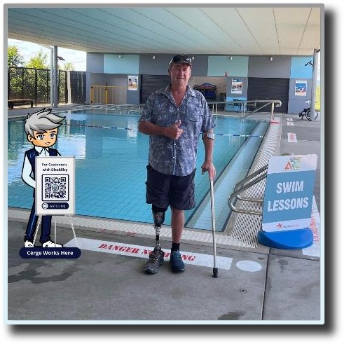 A person with a disability standing before a swimming pool. A person with a disability standing before a swimming pool.