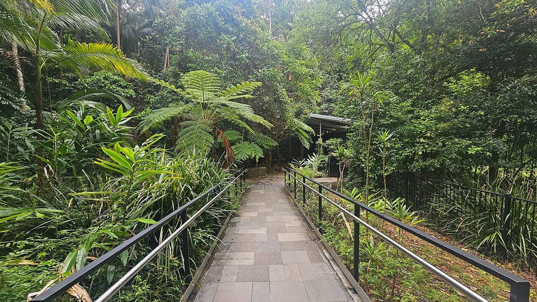 Large glass doors and windows dominate the centre, offering a view of lush green foliage outside. A stone wall is on the right, and a signboard with text is positioned on the floor in the foreground. The floor is speckled with a striped mat near the entrance. An emergency exit sign is above the door.