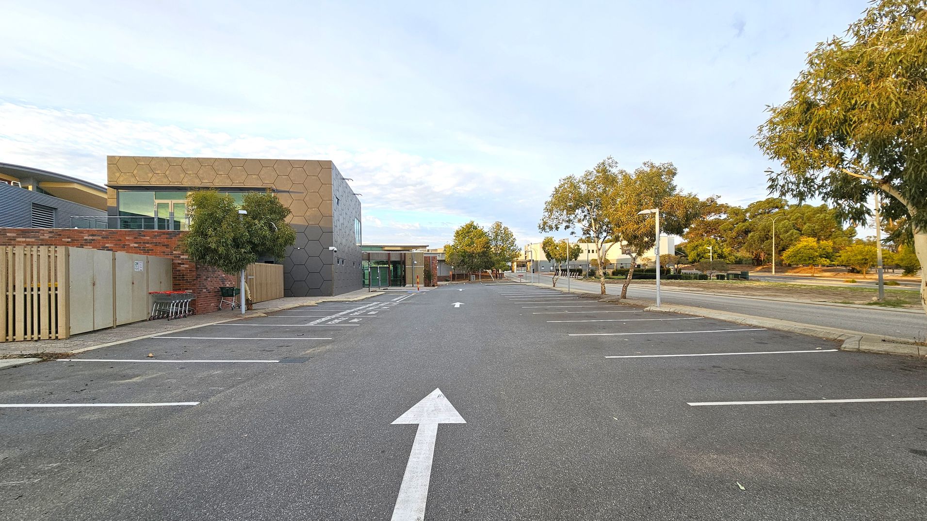 A car park with a central white arrow painted on the asphalt pointing forward. On the left, there's a modern building with a hexagonal pattern facade and a brick wall. Shopping trolleys are near the wall. On the right, a row of trees lines the pavement, with more trees and a grassy area in the background. The car park is empty, and the sky is clear.