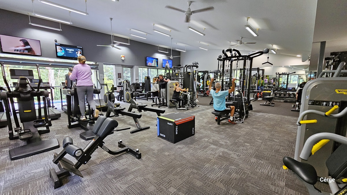 A closer look at the squat rack, bench press, treadmills, barbells, and dumbbells on the grey rubber mat floor. The wall is made of a combination of grey and glass windows. Seen through the glass windows are the tall trees. Mounted on the grey wall are small, flat-screen TVs that provide entertainment to the gym-goers. On the ceiling are hanging fluorescent fixtures and ceiling fans. A closer look at the squat rack, bench press, treadmills, barbells, and dumbbells on the grey rubber mat floor. The wall is made of a combination of grey and glass windows. Seen through the glass windows are the tall trees. Mounted on the grey wall are small, flat-screen TVs that provide entertainment to the gym-goers. On the ceiling are hanging fluorescent fixtures and ceiling fans.