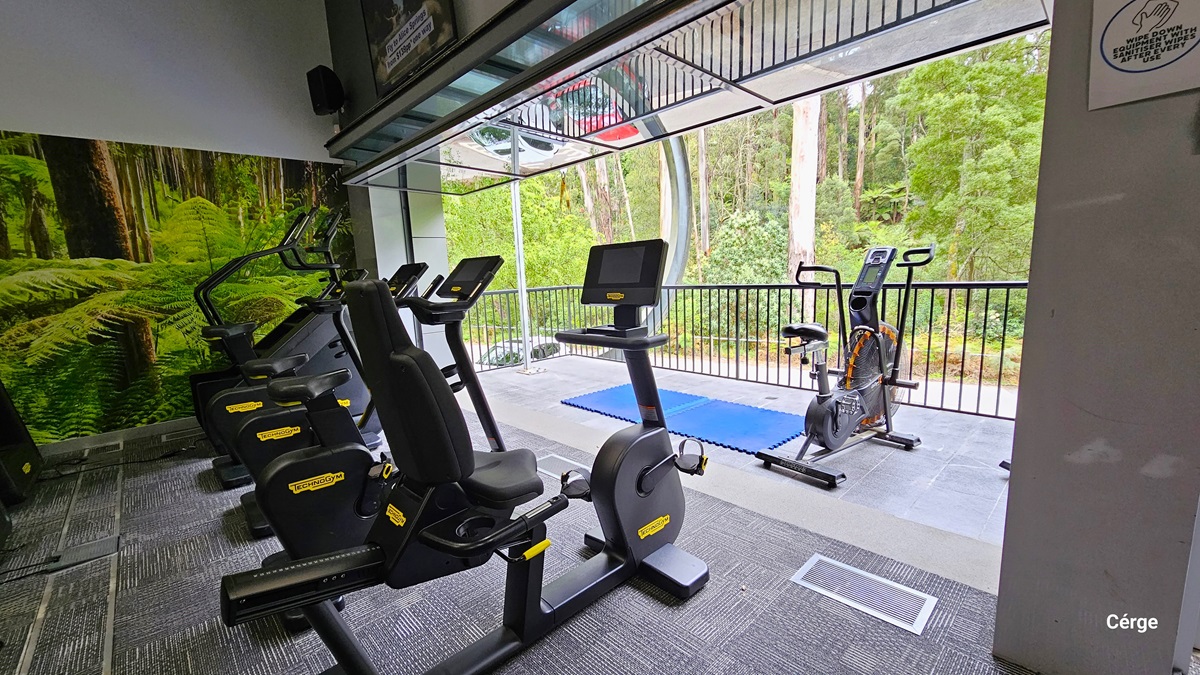 Cardio equipment on the back of the veranda that has black handrails with an overview of the surrounding trees, bushes, and shrubs. On the right column is a white sign that reads, “Wipe Down Equipment With Sanitizer Wipes After Every Use”. On the grey wall is a flat-screen TV and a small speaker in the corner. The veranda is partly covered by a glass awning. Beside the stationary bike on the veranda floor are two blue rubber mats. Cardio equipment on the back of the veranda that has black handrails with an overview of the surrounding trees, bushes, and shrubs. On the right column is a white sign that reads, “Wipe Down Equipment With Sanitizer Wipes After Every Use”. On the grey wall is a flat-screen TV and a small speaker in the corner. The veranda is partly covered by a glass awning. Beside the stationary bike on the veranda floor are two blue rubber mats.