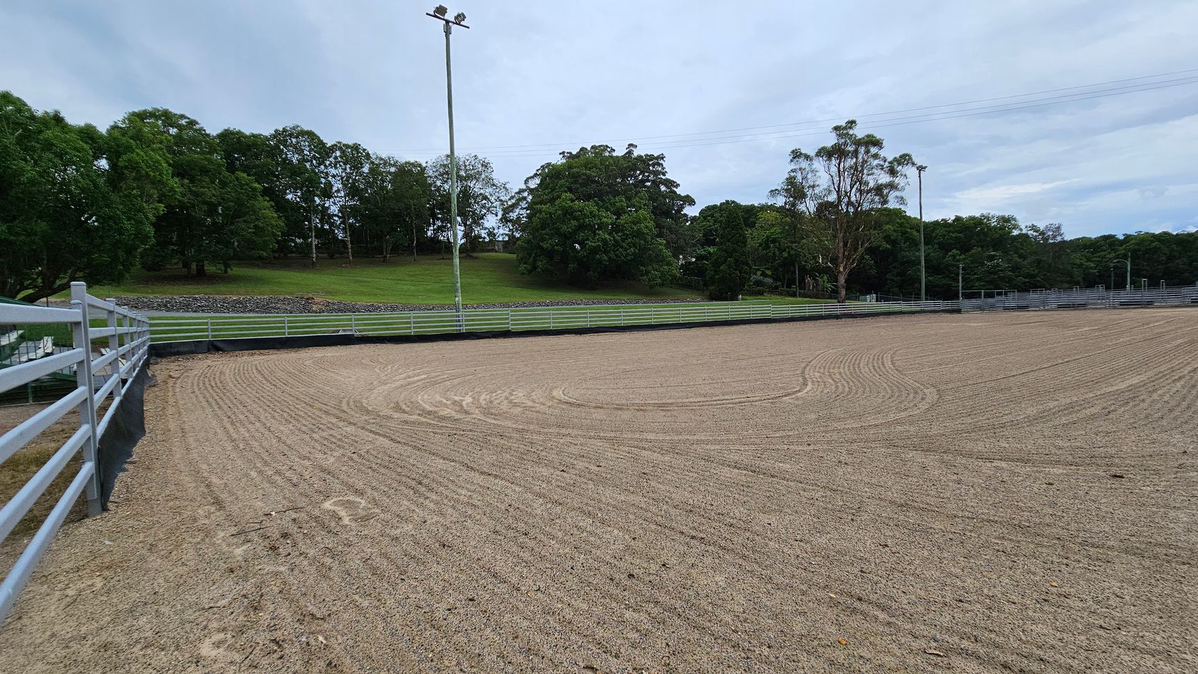 A sandy equestrian arena with visible rake patterns on the ground. On the left, a metal railing runs along the perimeter. In the background, a grassy embankment is lined with trees, and several tall light poles are visible. The area is open and spacious, with a clear view of the surrounding greenery. A sandy equestrian arena with visible rake patterns on the ground. On the left, a metal railing runs along the perimeter. In the background, a grassy embankment is lined with trees, and several tall light poles are visible. The area is open and spacious, with a clear view of the surrounding greenery.