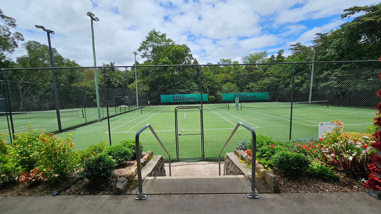 A tennis court with a green surface is surrounded by a chain-link fence. In the foreground, there are steps leading down to the court, flanked by metal railings. Colourful flowers and green shrubs line the sides of the steps. Tall floodlights are positioned around the court, and the background is filled with dense green trees. Two green banners with the word "Wilson" are visible on the far side of the court. A tennis court with a green surface is surrounded by a chain-link fence. In the foreground, there are steps leading down to the court, flanked by metal railings. Colourful flowers and green shrubs line the sides of the steps. Tall floodlights are positioned around the court, and the background is filled with dense green trees. Two green banners with the word "Wilson" are visible on the far side of the court.