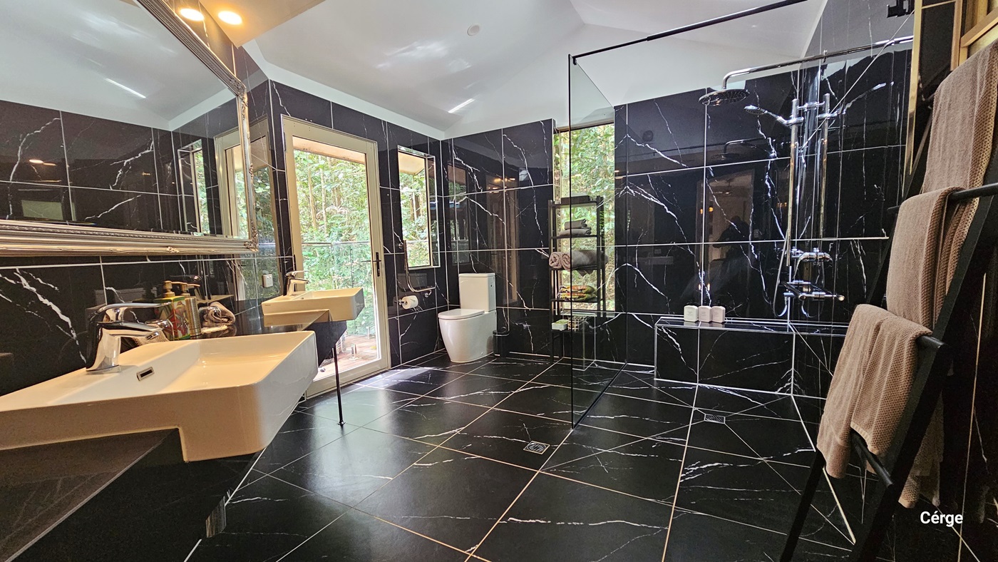 The bathroom comes with spacious surroundings featuring black-tiled walls and floors adorned with a lightning design. On the left, are two wash basins, a large mirror, and bathroom essentials. In the corner, a toilet bowl with metal handrails, and a tissue dispenser. On the right, the bathroom shower is enclosed with glass. A shelf with rolled towels is near the shower entrance, and a towel rack is towards the door. The view includes a glimpse of the rainforest outside. The bathroom comes with spacious surroundings featuring black-tiled walls and floors adorned with a lightning design. On the left, are two wash basins, a large mirror, and bathroom essentials. In the corner, a toilet bowl with metal handrails, and a tissue dispenser. On the right, the bathroom shower is enclosed with glass. A shelf with rolled towels is near the shower entrance, and a towel rack is towards the door. The view includes a glimpse of the rainforest outside.