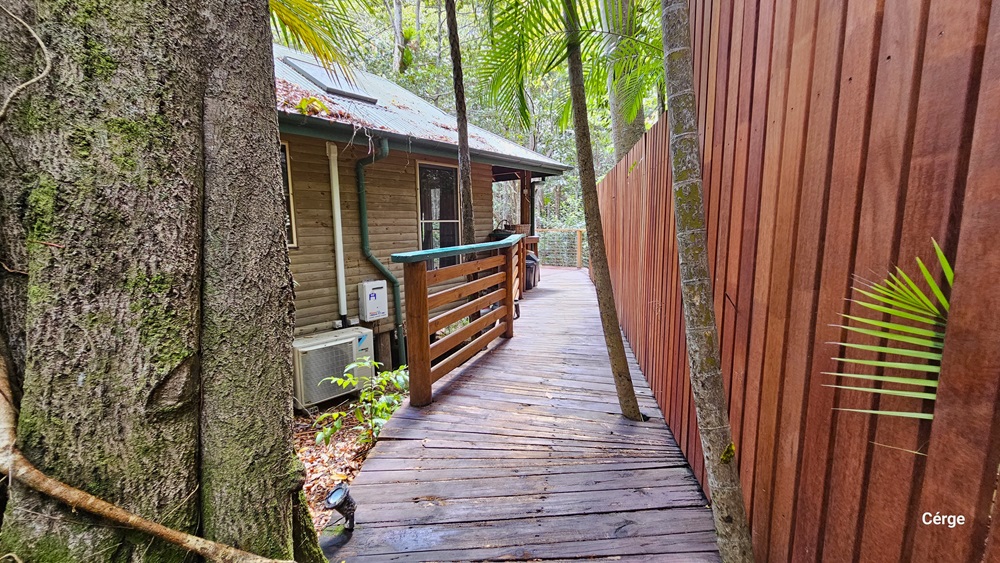 Accessing Kookaburra Cottage, the path is constructed with wooden planks, and a corresponding fence surrounds the building. On the left, a large tree is visible. The building's wall is adorned with air conditioning units and pipes. Pine trees are present in the surroundings Accessing Kookaburra Cottage, the path is constructed with wooden planks, and a corresponding fence surrounds the building. On the left, a large tree is visible. The building's wall is adorned with air conditioning units and pipes. Pine trees are present in the surroundings