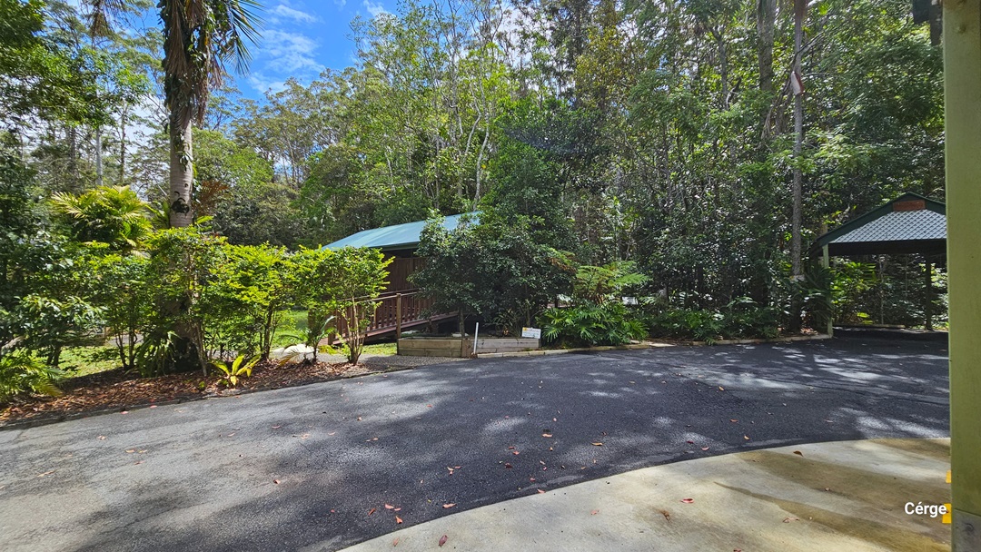 From the reception at Narrows Escape Rainforest Retreat, moving left past the guest carports on the right, visitors will find a short pathway leading to a small brown structure with a green roof. Access to this building is provided by a timber ramp with a gentle incline. The area is surrounded by diverse trees, shrubs, and ornamental plants. A carport is also positioned to the right, near the road. From the reception at Narrows Escape Rainforest Retreat, moving left past the guest carports on the right, visitors will find a short pathway leading to a small brown structure with a green roof. Access to this building is provided by a timber ramp with a gentle incline. The area is surrounded by diverse trees, shrubs, and ornamental plants. A carport is also positioned to the right, near the road.
