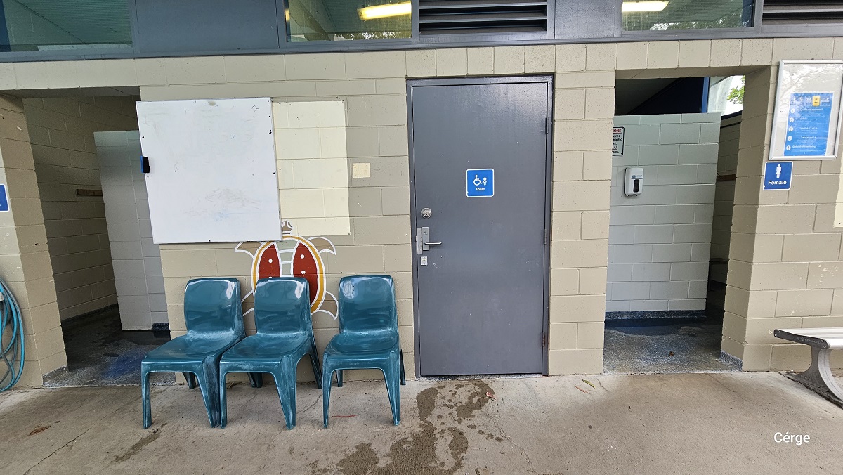 Accessible toilet and a female toilet at Nerang Aquatic Centre. It is marked by a small blue sign and dark grey doors. Three blue-green plastic chairs are outside, on the left side of the accessible toilet. There is an open corridor to the left. The toilet inside has a white brick wall, while outside is a light brown brick wall with a small glass window and an air ventilation window. Below the white bulletin is a colorful graphic of a turtle. Accessible toilet and a female toilet at Nerang Aquatic Centre. It is marked by a small blue sign and dark grey doors. Three blue-green plastic chairs are outside, on the left side of the accessible toilet. There is an open corridor to the left. The toilet inside has a white brick wall, while outside is a light brown brick wall with a small glass window and an air ventilation window. Below the white bulletin is a colorful graphic of a turtle.