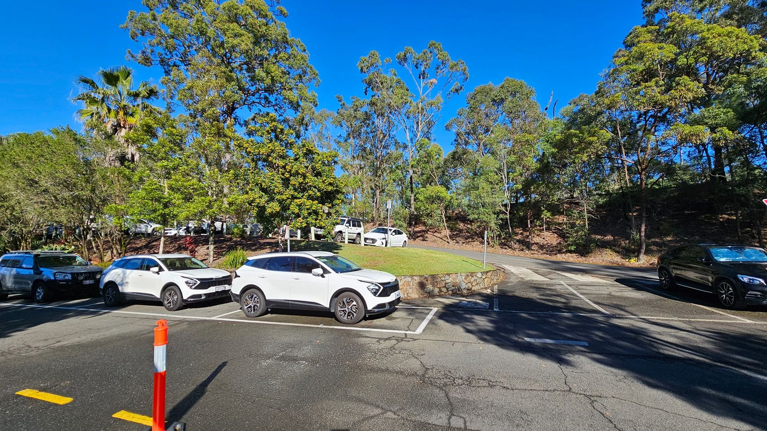 A car park with several vehicles, including white and black cars, is in the foreground. A bright orange traffic cone is visible near the centre. The background features a grassy area bordered by a low stone wall, with tall trees and dense foliage. The ground is paved with visible cracks, and the area is well-lit by sunlight. A car park with several vehicles, including white and black cars, is in the foreground. A bright orange traffic cone is visible near the centre. The background features a grassy area bordered by a low stone wall, with tall trees and dense foliage. The ground is paved with visible cracks, and the area is well-lit by sunlight.