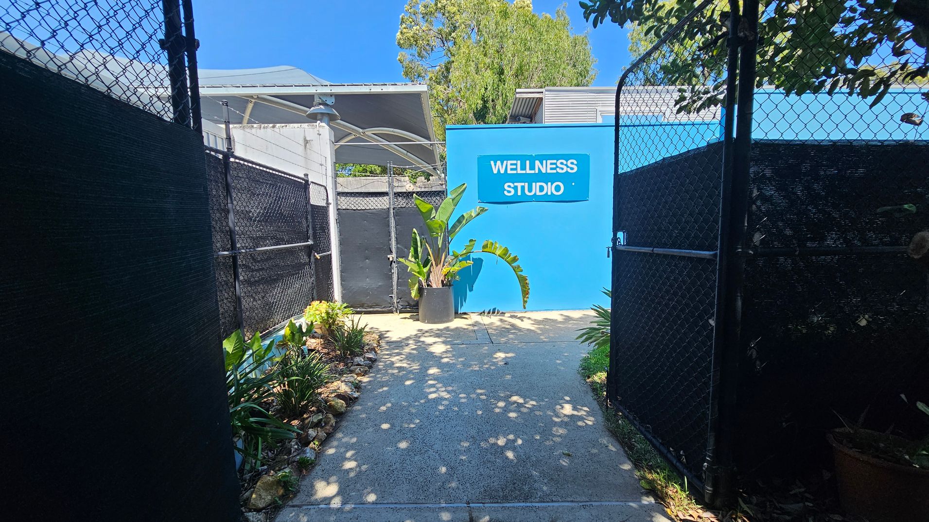 A pathway leads to a bright blue wall with a sign reading "Wellness Studio" in white letters. On either side of the path are black chain-link fences with black mesh coverings. To the left and right, there are small garden beds with various green plants and rocks. A large potted plant with broad leaves is placed in front of the blue wall. In the background, there are trees and a structure with a grey roof. Shadows of leaves are cast on the concrete path. A pathway leads to a bright blue wall with a sign reading "Wellness Studio" in white letters. On either side of the path are black chain-link fences with black mesh coverings. To the left and right, there are small garden beds with various green plants and rocks. A large potted plant with broad leaves is placed in front of the blue wall. In the background, there are trees and a structure with a grey roof. Shadows of leaves are cast on the concrete path.