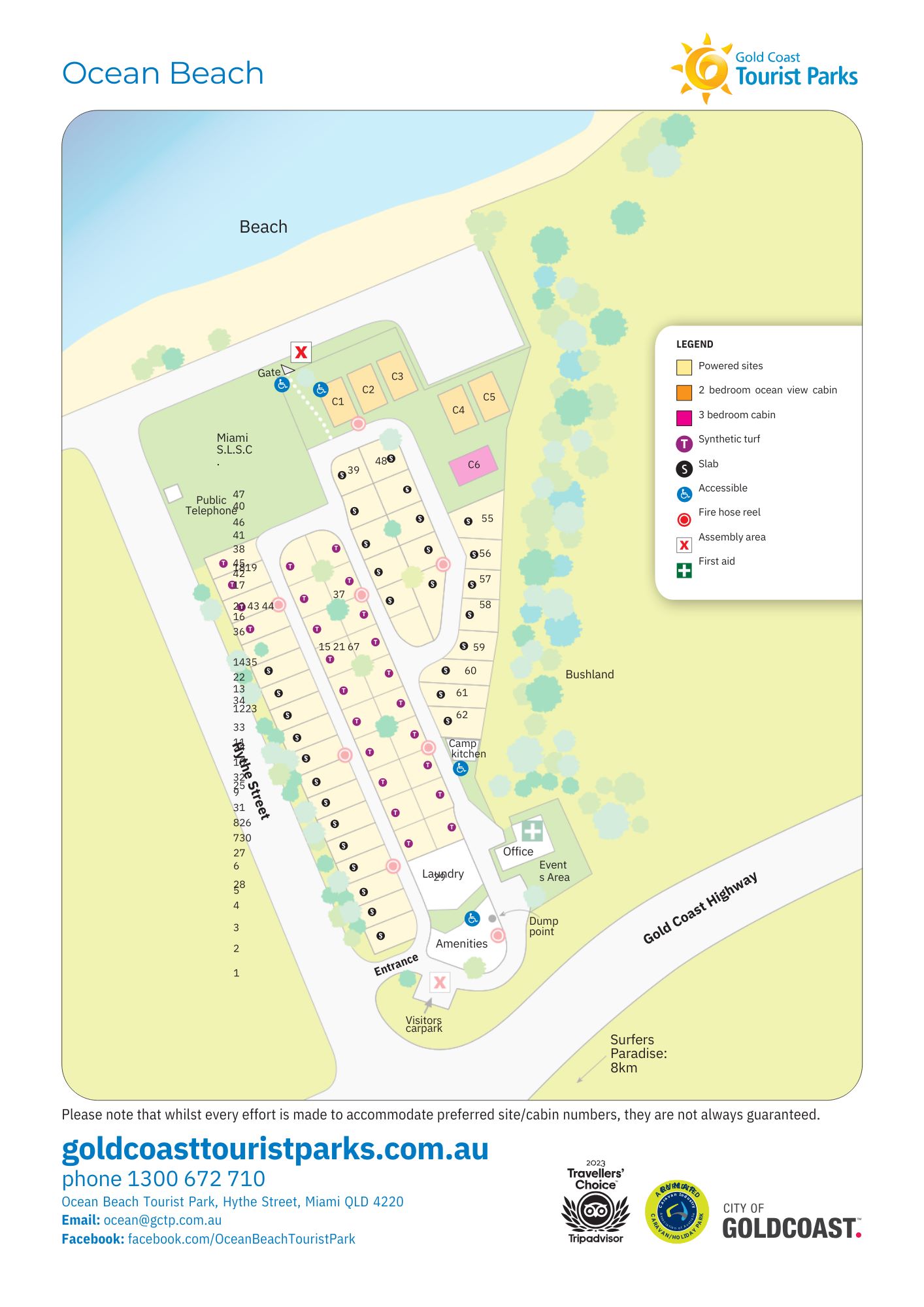 A site map of Ocean Beach Tourist Park. A map legend is visible on the left side. The image depicts the locations of cabins and accessible areas. A site map of Ocean Beach Tourist Park. A map legend is visible on the left side. The image depicts the locations of cabins and accessible areas.