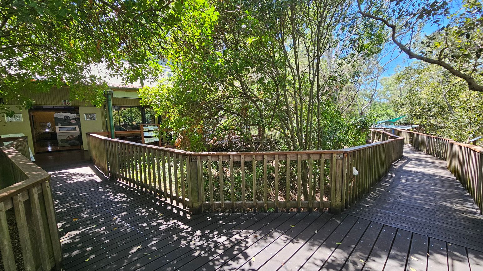 A wooden boardwalk with railings curves through a lush, green forested area. On the left, the boardwalk leads to a building with an open entrance, displaying informational posters. The right side of the boardwalk continues into the distance, surrounded by dense trees and foliage. Sunlight filters through the leaves, casting dappled shadows on the wooden planks.