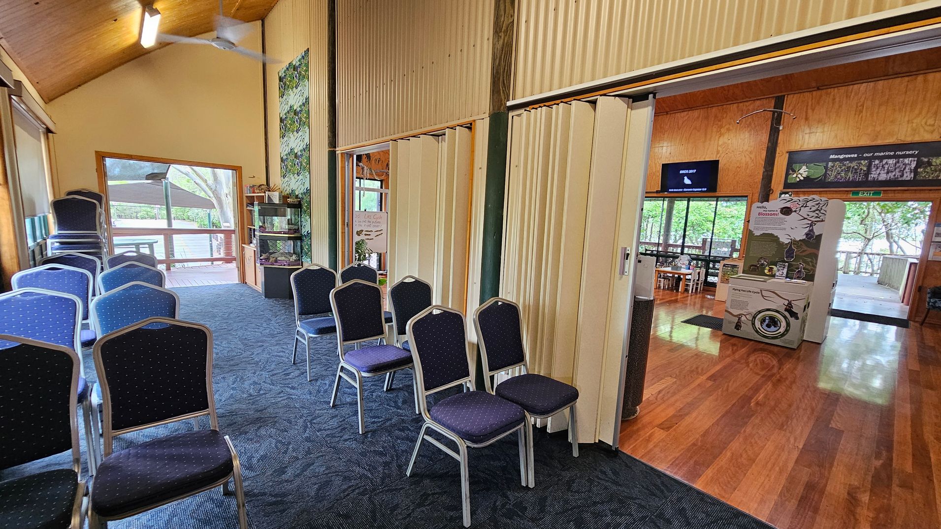 A room with blue upholstered chairs arranged in rows on a dark carpeted floor. On the left, there is a stack of chairs near a large window with a view of an outdoor deck. A display case is positioned against the wall. The room is divided by a folding partition, leading to another area with wooden flooring. This adjacent space has a display board and large windows showing greenery outside. The ceiling is wooden with a fan and fluorescent lighting.