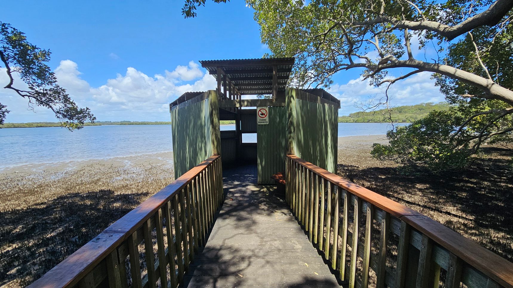 A wooden walkway leads to a small, green, corrugated metal structure with a slatted roof, situated by a body of water. A sign on the structure indicates that fishing is prohibited. The foreground features a wooden railing, and the ground is covered with mangrove roots. Trees with green leaves frame the scene on the left and right, casting shadows on the walkway. The background shows a calm body of water and distant greenery.