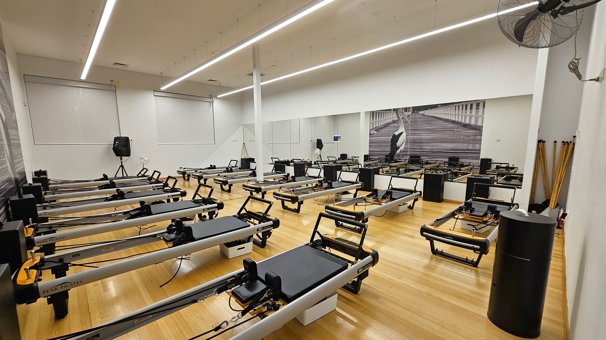 A spacious Pilates studio with wooden flooring and a high ceiling featuring linear lights. Multiple Pilates reformer machines are arranged in rows across the room. A large mirror spans the right wall, reflecting the equipment and a mural of a pelican on a boardwalk. On the left, two large windows with blinds are visible. A speaker and fan are positioned near the windows. In the foreground on the right, a black cylindrical object and wooden poles are present.
