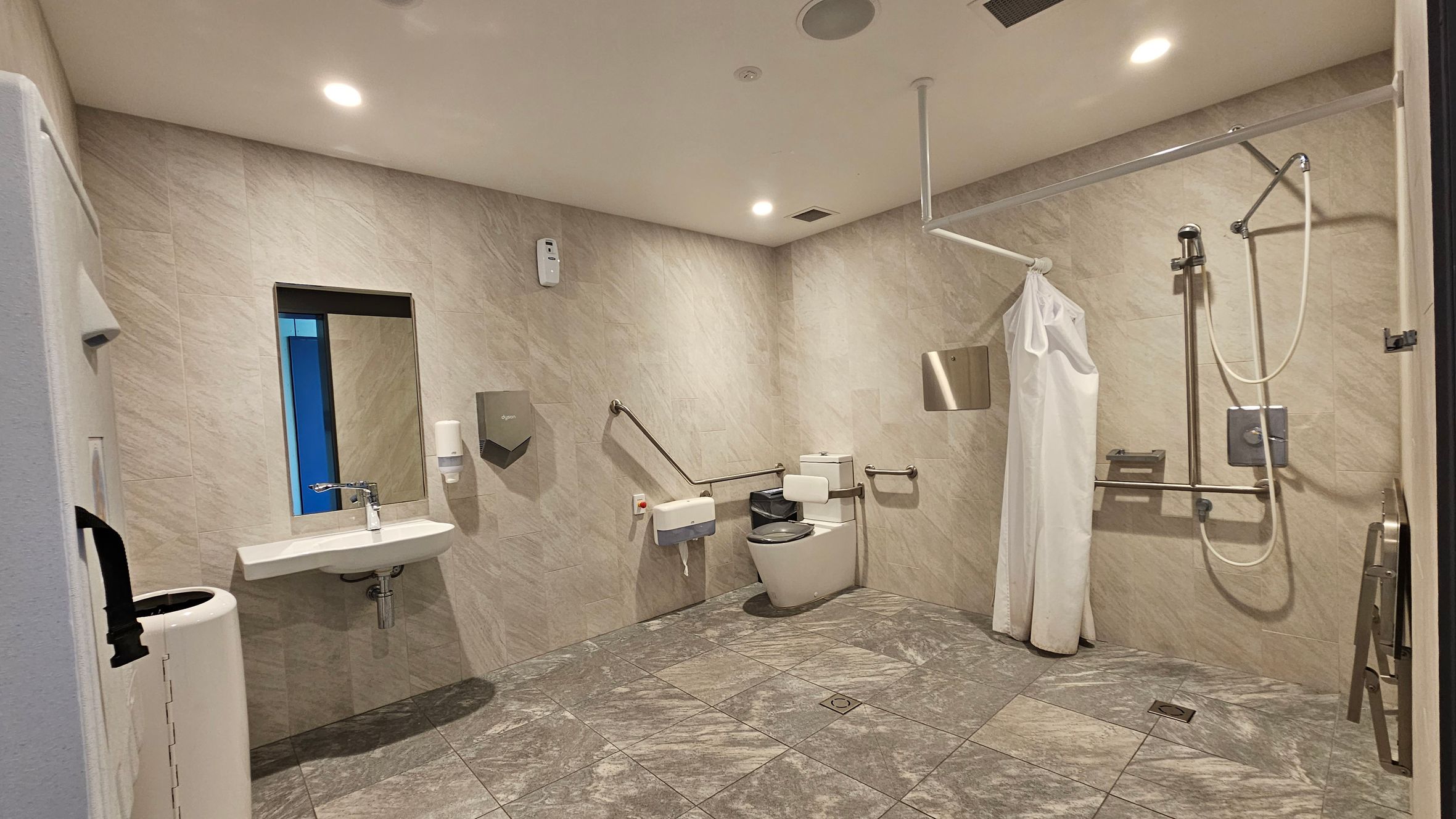 A spacious, accessible bathroom with grey tiled walls and floor. On the left, a sink with a mirror above it and a soap dispenser nearby. In the centre, a toilet with support rails and a paper dispenser. On the right, a shower area with a handheld showerhead, a curtain, and additional support rails. The ceiling has recessed lighting, and there is a waste bin near the sink.