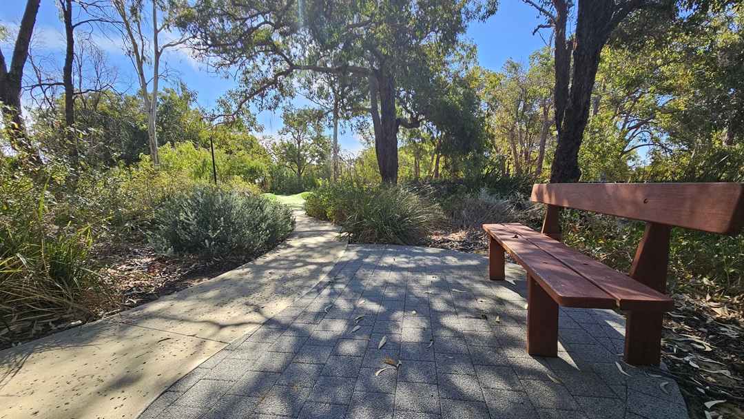 On the right, a bench is situated beneath a tree providing shade. The floor in this area is made of concrete bricks. To the left, a concrete path ascends to another section of green. Tall and mature trees, along with native plants and grass, surround the area. On the right, a bench is situated beneath a tree providing shade. The floor in this area is made of concrete bricks. To the left, a concrete path ascends to another section of green. Tall and mature trees, along with native plants and grass, surround the area.