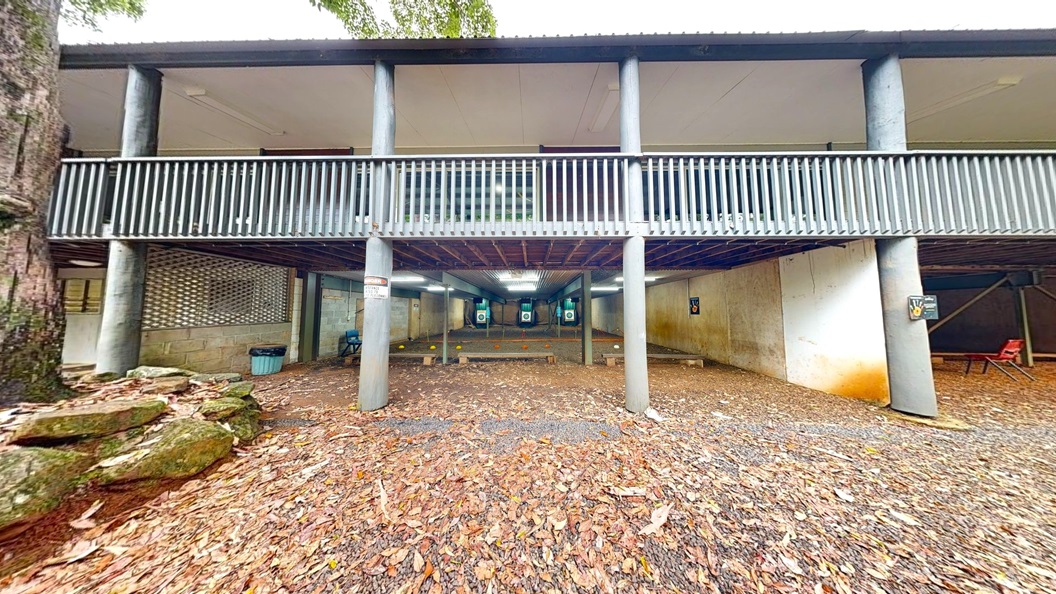 To the right of the road is a two-storey building with metal railings. Various trees, including palm trees bearing fruits, line the road and occupy the front of the building. The ground is uneven and partially covered with grass. To the right of the road is a two-storey building with metal railings. Various trees, including palm trees bearing fruits, line the road and occupy the front of the building. The ground is uneven and partially covered with grass.