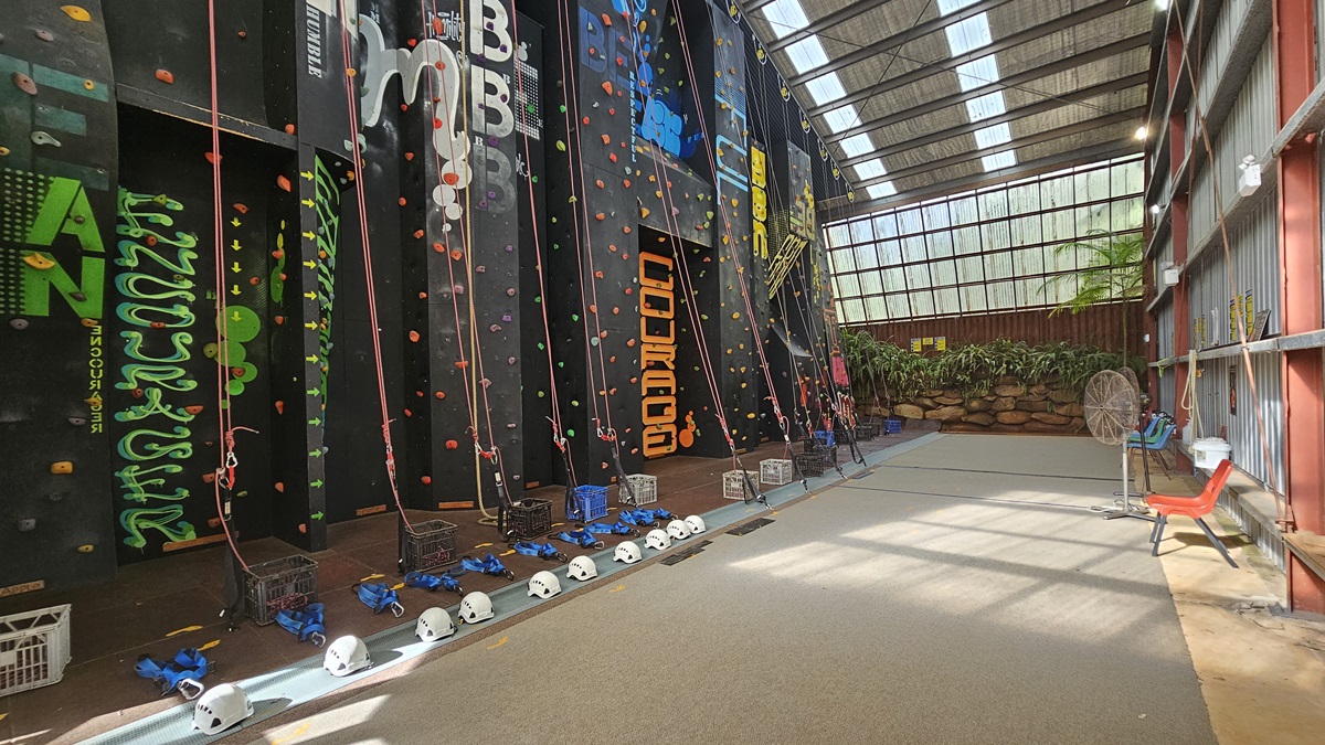 To the left, a black climbing wall with multi-colored steps is equipped with climbing gear like ropes, headgear, and gloves. The ceiling and upper wall display large metal beams with silver insulation. The left wall has corrugated metal sheets. Plastic chairs are arranged, along with a fan. Landscape plants border the middle wall. To the left, a black climbing wall with multi-colored steps is equipped with climbing gear like ropes, headgear, and gloves. The ceiling and upper wall display large metal beams with silver insulation. The left wall has corrugated metal sheets. Plastic chairs are arranged, along with a fan. Landscape plants border the middle wall.