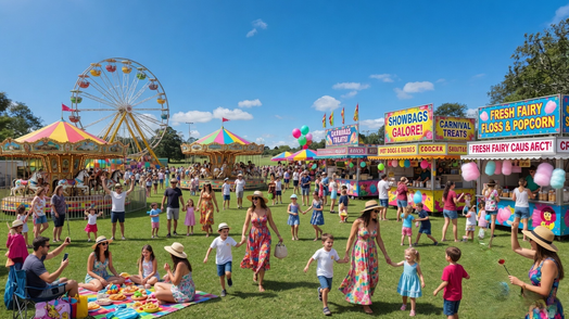 A lively fairground scene with a Ferris wheel and carousel on the left. In the centre, people are walking and children are playing on the grass. On the right, there are colourful stalls with signs for "Showbags Galore" and "Fresh Fairy Floss & Popcorn". Families are enjoying picnics on the grass, with picnic blankets and baskets. The area is bustling with activity, and the atmosphere is festive and vibrant.