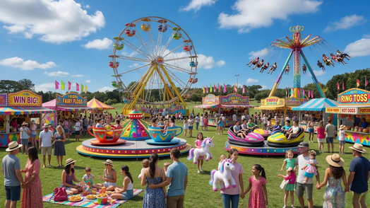 A lively fairground scene with a Ferris wheel in the centre background and a spinning swing ride to the right. In the foreground, families are having a picnic on the grass, with colourful blankets and food. To the left, there are stalls with signs like "Win Big!" and "Fairy Floss". In the middle, a teacup ride is surrounded by people. To the right, bumper cars are in action, and a "Ring Toss" stall is visible. The area is bustling with visitors enjoying the attractions.
