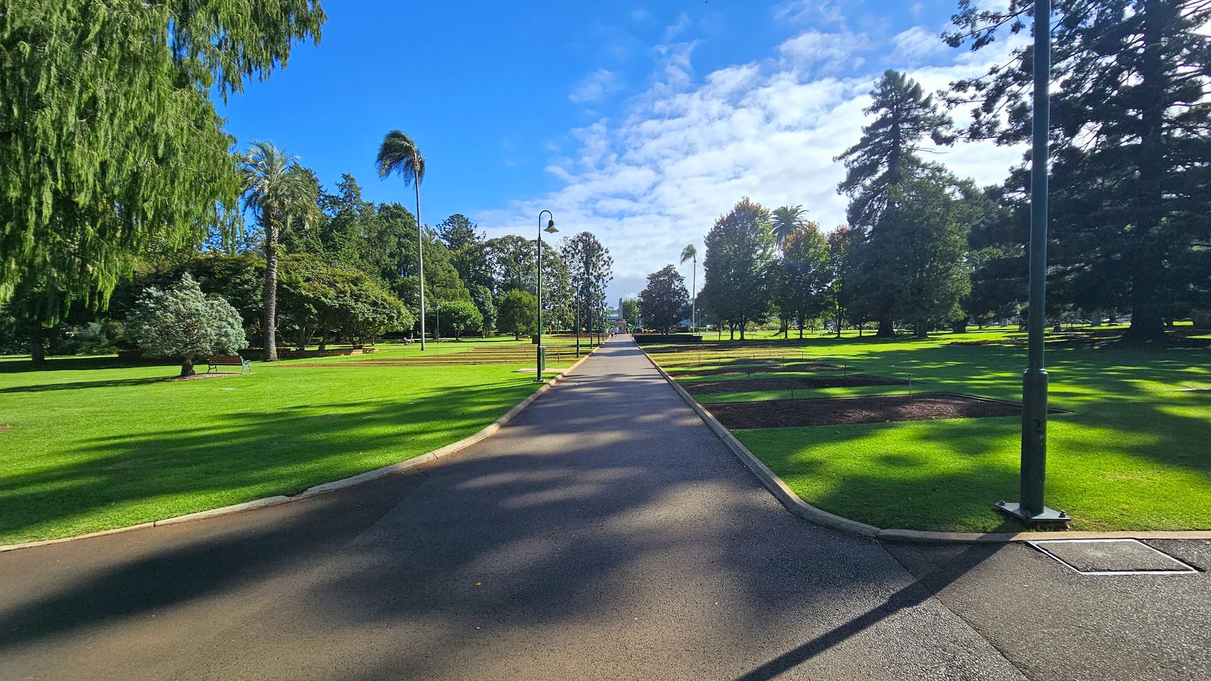A paved path runs through the centre of a park, flanked by well-maintained grass. On the left, there are various trees, including a tall palm and a bushy conifer. On the right, more trees and a lamp post are visible. The path is lined with additional lamp posts, and the shadows of trees create patterns on the ground. The background features a variety of trees, adding depth to the scene.